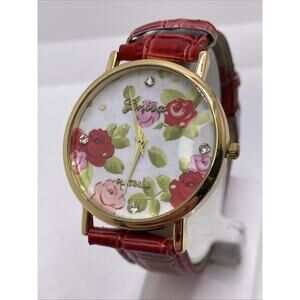Geneva Womens Gold Red Leather Watch New Battery